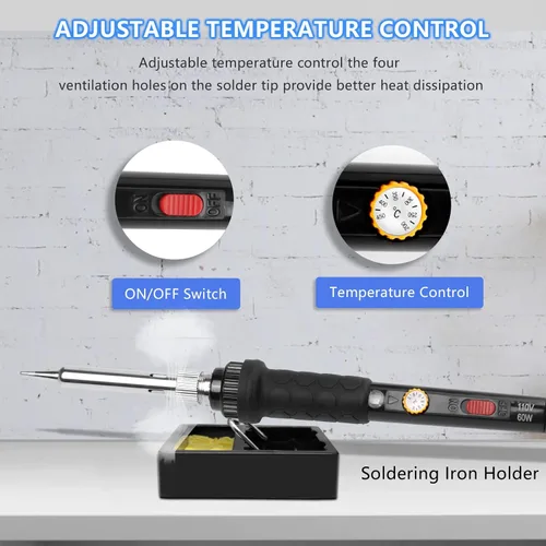 Miniatura 4 de Kit de soldador de 60 W y 110 V, temperatura ajustable, con puntas de hierro, soporte, esponja, alambre para soldar 60W 9-en-1