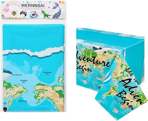 Miniatura 7 de WERNNSAI Mantel de viaje – 1 mantel de 108 x 54 pulgadas con mapa del mundo Adventure World Awaits Bon Voyage - Decoraciones de fiesta