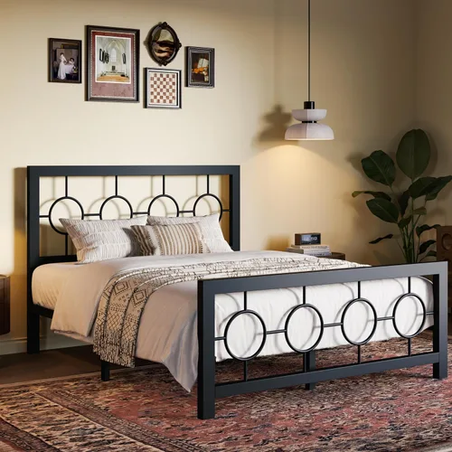 Miniatura 3 de SHA CERLIN Marco de cama de metal de tamaño matrimonial con cabecero y estribo de diseño circular vintage, no requiere somier, fácil montaje, sin