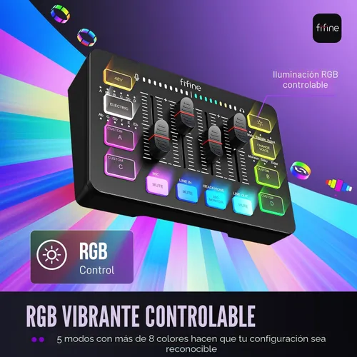 Miniatura 6 de FIFINE Mezclador de audio para juegos, mezclador de PC RGB para streaming con interfaz de micrófono XLR, control individual, atenuador de volumen
