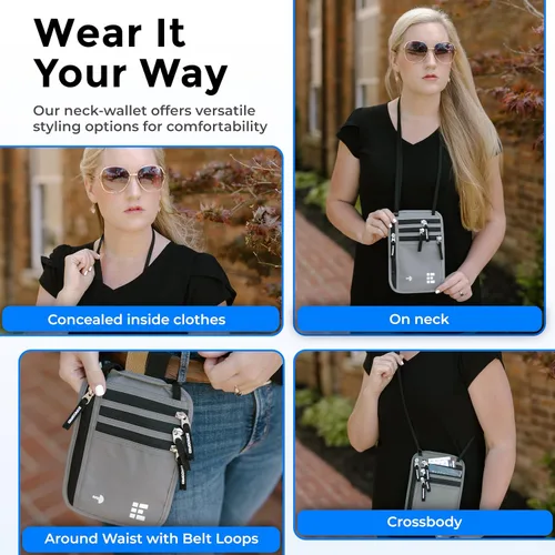 Miniatura 32 de Cartera para el cuello para viajes y pasaporte con bloqueo RFID, delgada y fácil de ocultar, bolsa de viaje de nailon para hombres y mujeres