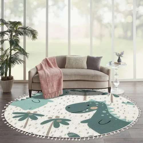 Miniatura 10 de Round Rugs - Alfombra de dinosaurio para bebé y niño, diseño escandinavo, bonita alfombra de lino y algodón, alfombra de meditación, lavable