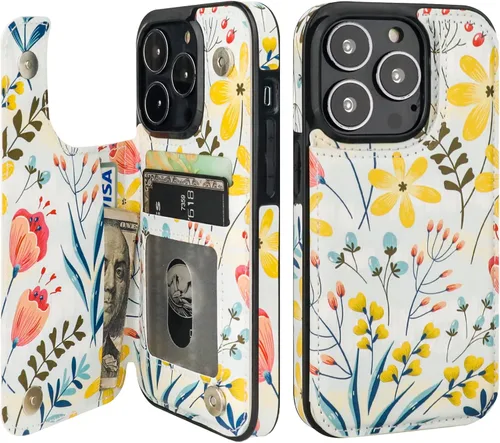 HAOPINSH Funda tipo cartera para iPhone 13 Pro con portarjetas, patrón floral de flores, funda con tapa trasera plegable de cuero PU con soporte,