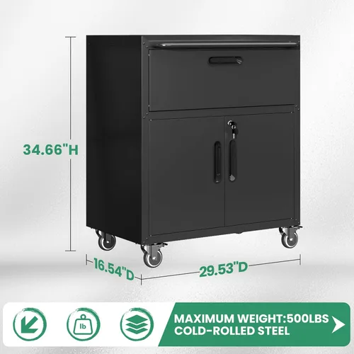 Miniatura 3 de Armario de almacenamiento de metal para garaje con ruedas, gabinete de herramientas con cerradura negra con cajón y estantes ajustables, gabinete