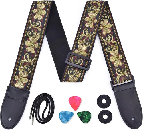 CLOUDMUSIC Correa para guitarra con tejido jacquard y extremos de piel, diseño vintage clásico con patrón de púas gratis (diseño vintage clásico
