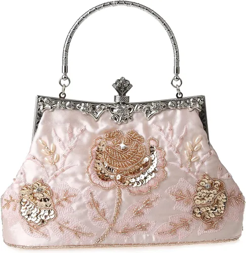 Miniatura 9 de Bolso de mano de estilo vintage con cuentas florales y strass para mujer, con bordado de lentejuelas, bandolera para novia, boda, fiesta