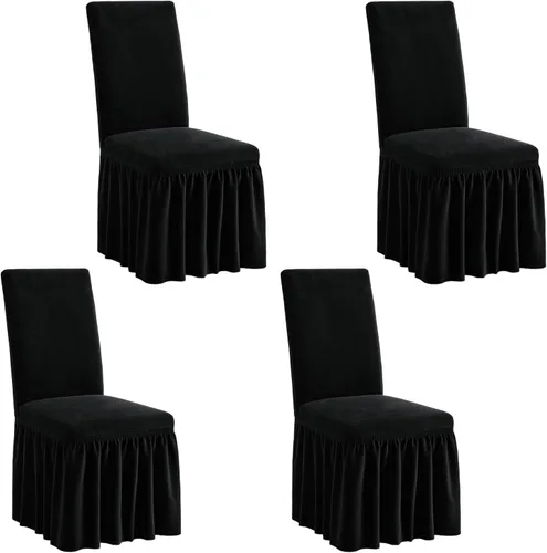 NICEEC Juego de 4 fundas de felpa para sillas de comedor, fundas extraíbles negras gruesas para sillas de comedor con falda, fundas cálidas para