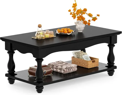 Besiost Mesa auxiliar de 47 pulgadas con almacenamiento, diseño de granja de 2 niveles, patas de madera maciza, mediados de siglo para sala de Negro