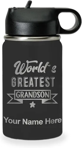 LaserGram Personalized Water Bottle, World's Greatest Grandson, Stainless Steel Double Wall Vacuum Insulated with Flip Top Straw, Custom Engraved