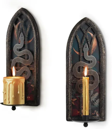 Miniatura 9 de Juego de 2 candelabros góticos de pared, diseño de cuervo de hierro forjado con bandejas extraíbles para velas cónicas y pilares, diseño medieval