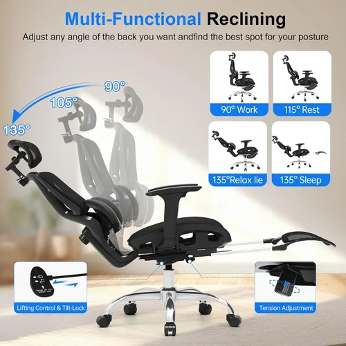 Miniatura 4 de Freepub Silla de oficina ergonómica de malla, silla de escritorio para el hogar, cómoda con soporte lumbar ajustable, reposacabezas y reposabrazos