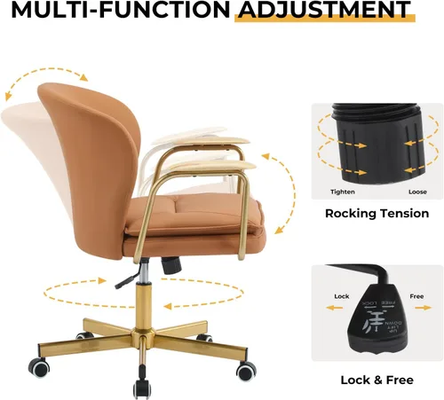 Miniatura 5 de Furniliving Sillas de oficina de cuero, silla de oficina dorada, silla giratoria ajustable para computadora con patas doradas y reposabrazos Marrón