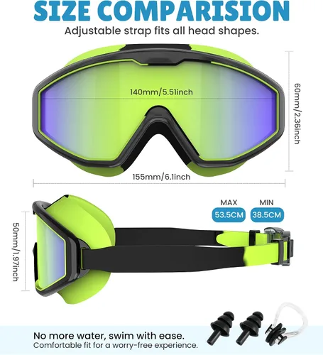 Miniatura 4 de NSSIW Gafas de natación para niños, antiniebla, sin fugas, con clip para la nariz, tapones para los oídos para niñas, niños y jóvenes, 6-14, paquete