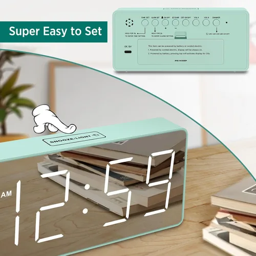 Miniatura 6 de Peakeep Reloj digital, reloj despertador alimentado por batería para dormitorios, esfera de espejo, números grandes, 6 atenuadores para personas