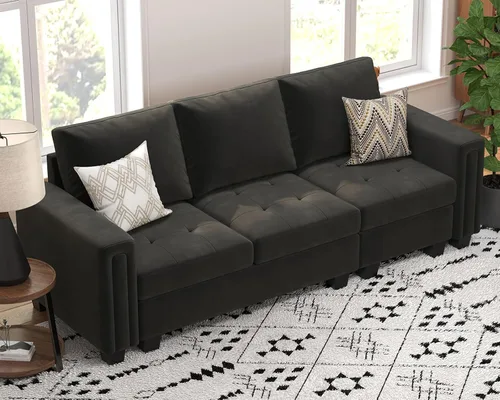 Miniatura 3 de Belffin Sofá modular de terciopelo de 3 plazas para sala de estar, color gris