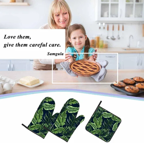 Miniatura 7 de Juego de manoplas de horno y soportes para ollas de hojas verdes, palmeras tropicales, exóticas, resistentes al calor, 3 piezas para cocinar