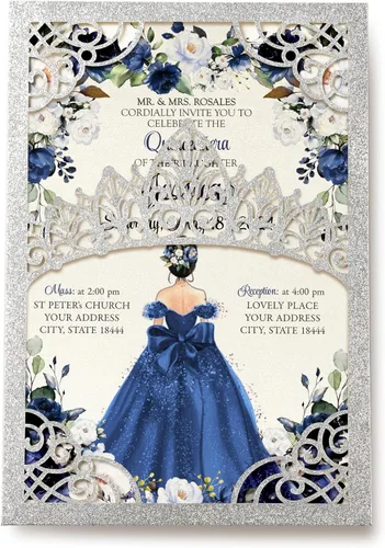 Miniatura 7 de 50 invitaciones de quinceañera con corona negra perlada cortada con láser Invitaciones de cumpleaños florales burdeos para Sweet 16/Miss XV