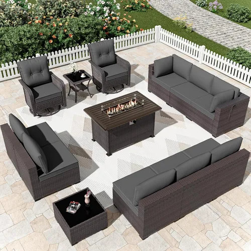 Miniatura 43 de Kurapika juego de muebles de patio 4 piezas de mimbre al aire libre, sillas de ratán, juego informal con mesa de café, juego de bistró con mecedora