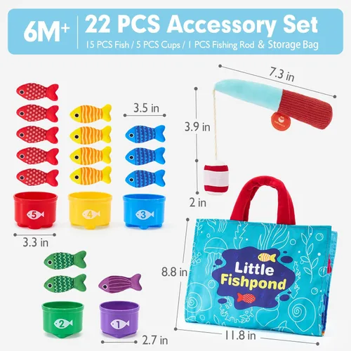 Miniatura 8 de hahaland Juguetes Montessori para niño de 1 año, regalo de cumpleaños, juego de pesca de tela 10 en 1, juguetes para niños pequeños con tazas