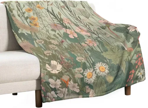 Miniatura 9 de Manta de vellón de hierbas y flores silvestres con plantas botánicas para primavera y verano, con margaritas y hojas florales, manta de franela