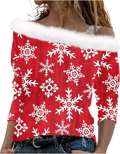 GIANTHONG Christmas Sweatshirts For Women Casual Xmas Tree Winter Clothes Long Sleeve Shirts Party Tops Off Shoulder Blouse