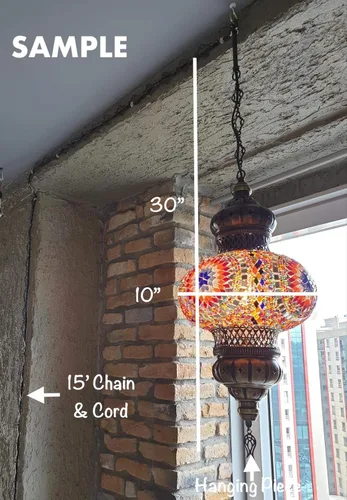 Miniatura 4 de DEMMEX Lámpara colgante de techo con mosaico XL de 10 pulgadas, estilo globo turco marroquí, luz de techo enchufable con cadena y cable de 15 pies