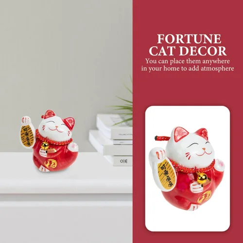 Miniatura 5 de Tofficu Adorable banco de monedas de cerámica roja de gato de la suerte, decoración de Feng Shui, bonita decoración de habitación, gato chino