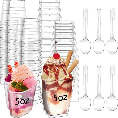 Funtery Paquete de 300 mini tazas de postre de 5 onzas con cucharas, tazas reutilizables de plástico transparente para yogur y aperitivos para