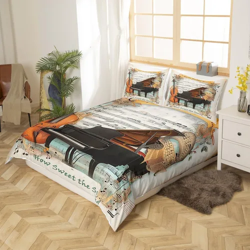 Miniatura 3 de Juego de funda de edredón de violonchelo de piano, tamaño individual, juego de ropa de cama de 2 piezas para niños, niñas, niños y adultos