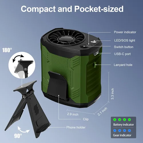 Miniatura 7 de Ventilador portátil 4 en 1 de cintura/cuello/escritorio con soporte para teléfono y luz LED Enfriamiento ultrarrápido de 10000 RPM, batería Verde
