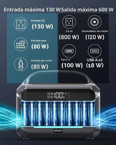 Miniatura 3 de DARAN Estación de energía portátil de 600 W (pico de 1200 W), generador solar LiFePO4 de 288 Wh con salidas de CA y CC, carga rápida de 2 horas