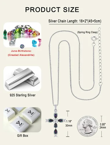 Miniatura 72 de YL Collar de cruz de plata de ley 925 con colgante de piedra natal religiosa para mujer