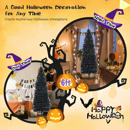 Miniatura 5 de GOFLAME Árbol de Navidad de 6 pies sin luz, árbol de Navidad negro, decoración de Halloween en forma de lápiz, árbol de Halloween con 520 puntas