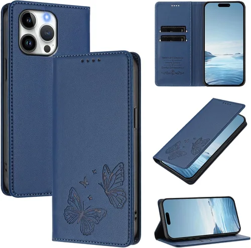 Miniatura 2 de Butterfly Embossed Leather Wallet Flip Case for Motorola Moto E22i 4G, Magnetic Closure, RFID Blocking Cover, Card Holder Blue.