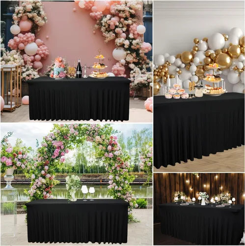 Miniatura 5 de Paquete de 2 Faldones de Mesa Rectangulares Negros, 48L x 24A x 30Al Pulgadas, Manteles Ajustados de Spandex Elástico, Resistentes a las Arrugas