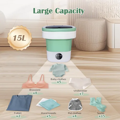 Miniatura 2 de Lavadora portátil de gran capacidad de 15 L, lavadora portátil con un solo toque para ropa de bebé y artículos pequeños, diseño silencioso y sin