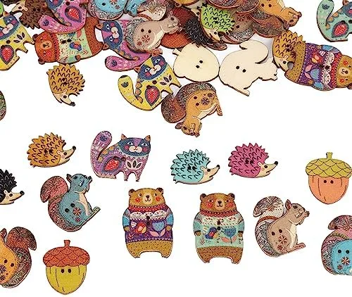 Miniatura 6 de Pssopp Botones para manualidades, 1.2 pulgadas de largo, lindos animales, coloridos y ligeros, botones de madera para coser, manualidades