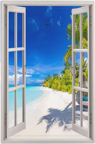 Miniatura 201 de Vista de ventana, isla tropical, playa, palmeras, cielo soleado, cubierta de interruptor de luz de palanca individual, placa decorativa de pared