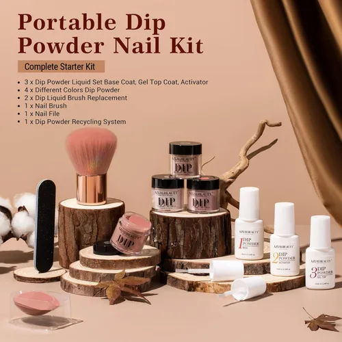 Miniatura 6 de AZUREBEAUTY Kit de iniciación de uñas en polvo de inmersión, 4 colores de otoño, piel nude, marrón, purpurina, juego de líquido de polvo