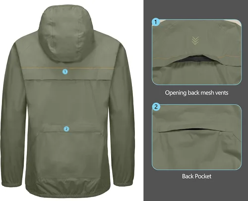 Miniatura 5 de Little Donkey Andy Chaqueta de lluvia elástica para hombre con capucha, resistente al viento y al agua, plegable