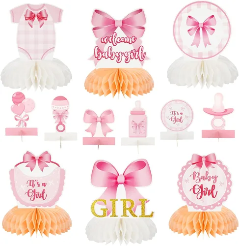 12 centros de mesa de nido de abeja con lazo rosa para baby shower, decoración de mesa en 3D para decoración de mesa en baby showers, revelaciones