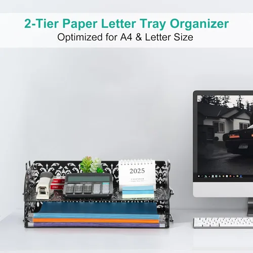 Miniatura 3 de EasyPAG, charola para escritorio de 2 niveles para cartas, diseño calado de flores, Negro