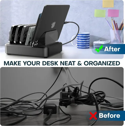 Miniatura 4 de Estación de carga para múltiples dispositivos, 65 W, 6 puertos, estación de carga rápida USB C con 6 cables de carga mixtos, base de carga