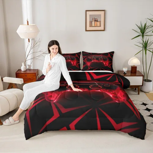 Miniatura 31 de Manfei Juego de edredón moderno de 2 piezas con estampado de consola de videojuegos de panal azul con 1 funda de almohada, juego de ropa de cama