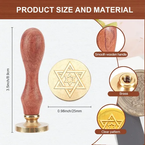 Miniatura 2 de MAYJOYDIY Star of David - Sello de cera hexagonal con diseño de estrella y luna, 6 sellos de estrella puntiaguda de 0.98 pulgadas, sellos de cobre