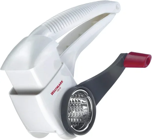 Miniatura 9 de Westmark cortadora, rebanadora, rallador multiuso giratorio de vegetales y queso con 3 tambores de acero inoxidable intercambiables (blanco)