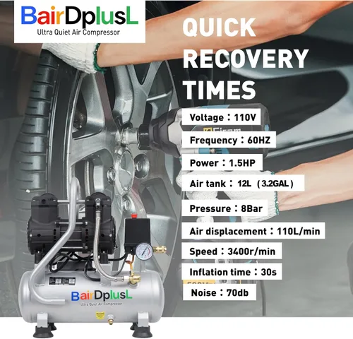Miniatura 2 de BairDplusL - Compresor de aire ultra silencioso de 3.2 galones, 110 V/60 Hz, 1.5 HP 8.8CFM, tanques de acero MAX 115PSI, sin aceite, 70 dB, nivel