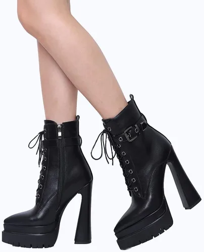 Miniatura 4 de Mattiventon Botas de plataforma para mujer, tacón grueso, punta puntiaguda, botines con cordones al tobillo