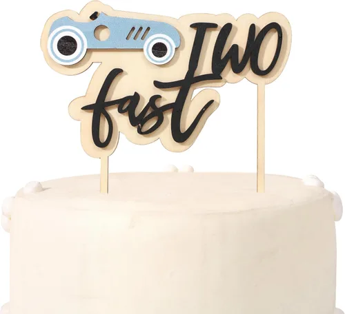 Decoración para tarta de cumpleaños de dos días rápidos, decoración de madera para tartas de coche de carreras, decoración de segundo cumpleaños,