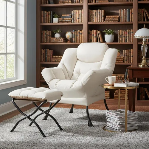 Miniatura 7 de Welnow Silla Lazy con otomana, moderna silla de lectura con reposabrazos y un bolsillo lateral, juego de sofá perezoso tapizado de ocio con Beige
